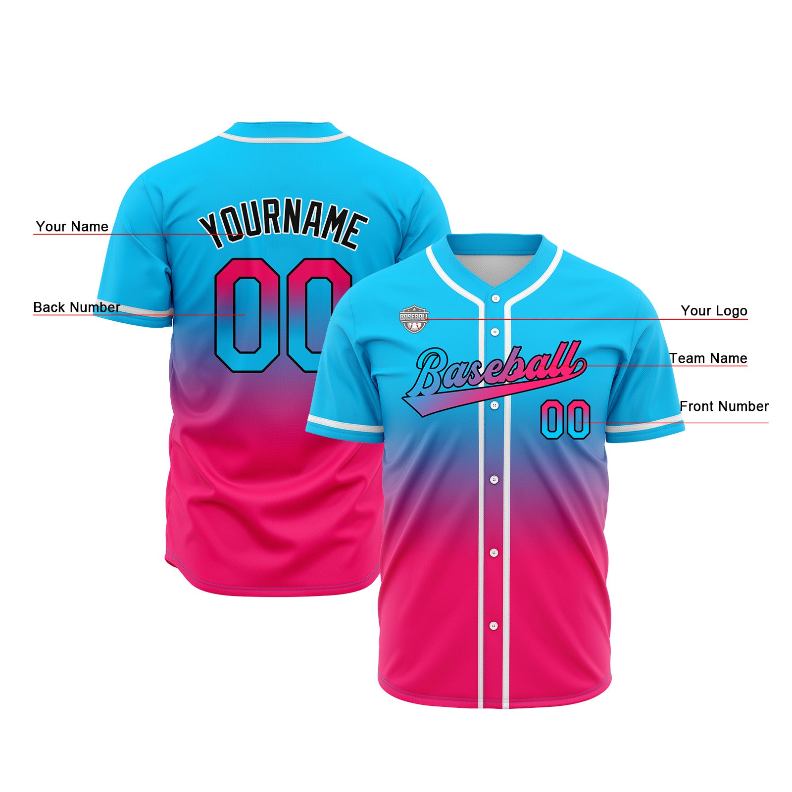 Custom Gradient Print Hip Hop Button Down Baseball Jersey Light Blue&Pink