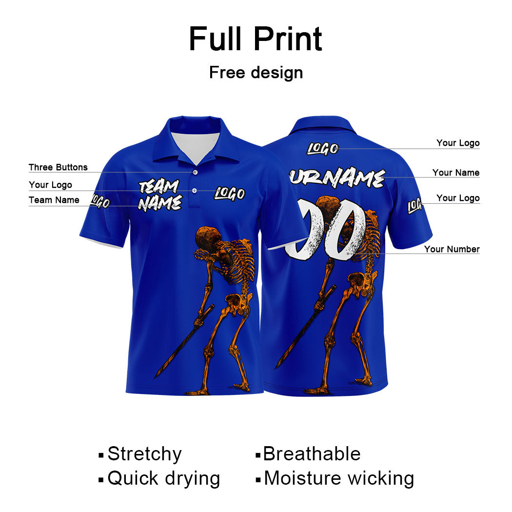 Custom Skeleton-Blue Football Polo Shirts Add Your Unique Logo/Name/Number