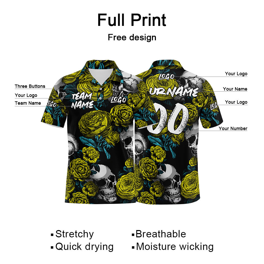 Custom Rose Skull-Yellow Football Polo Shirts Add Your Unique Logo/Name/Number