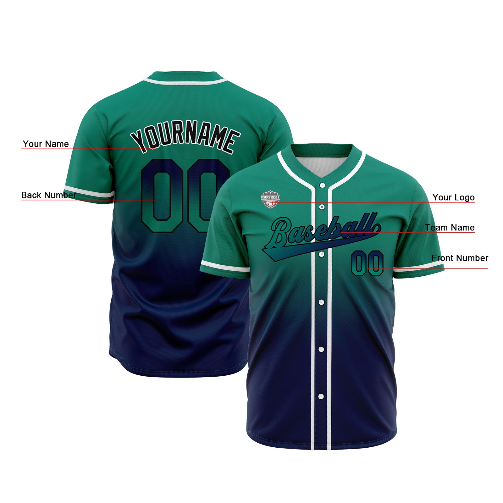 Custom Gradient Print Hip Hop Button Down Baseball Jersey Green&Navy