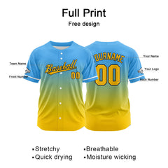 Custom Gradient Print Hip Hop Button Down Baseball Jersey Light Blue-Yellow