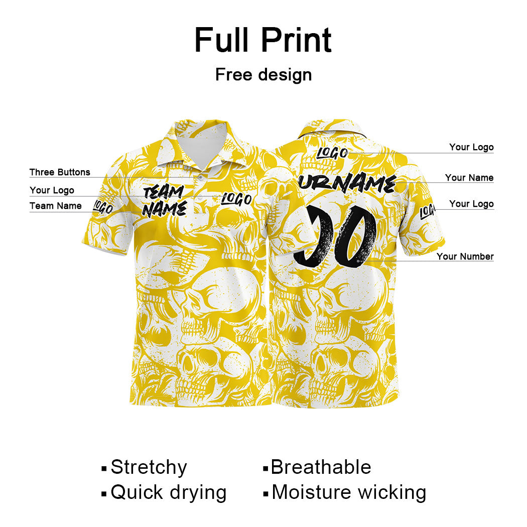 Custom Retro Skull-Yellow&White Football Polo Shirts Add Your Unique Logo/Name/Number