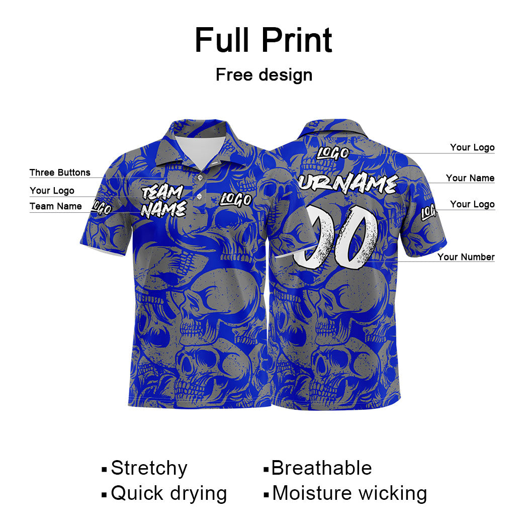 Custom Retro Skull-Royal&Grey Football Polo Shirts Add Your Unique Logo/Name/Number