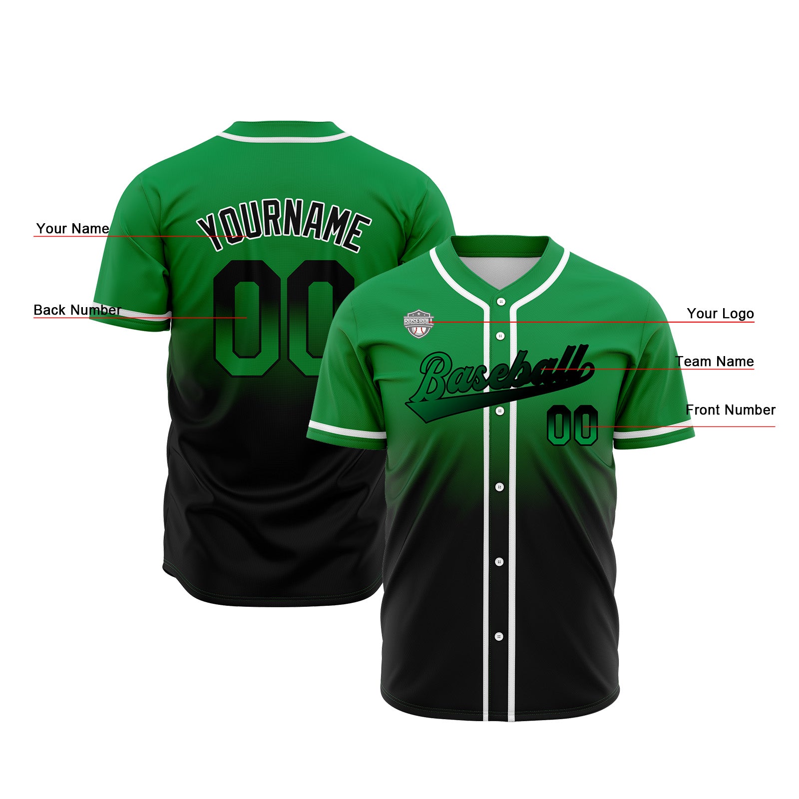 Custom Gradient Print Hip Hop Button Down Baseball Jersey Green&Black