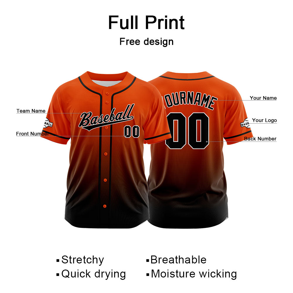 Custom Gradient Print Hip Hop Button Down Baseball Jersey Orange-Black