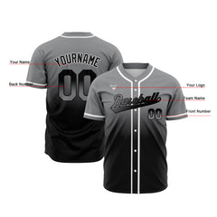 Custom Gradient Print Hip Hop Button Down Baseball Jersey Grey&Black