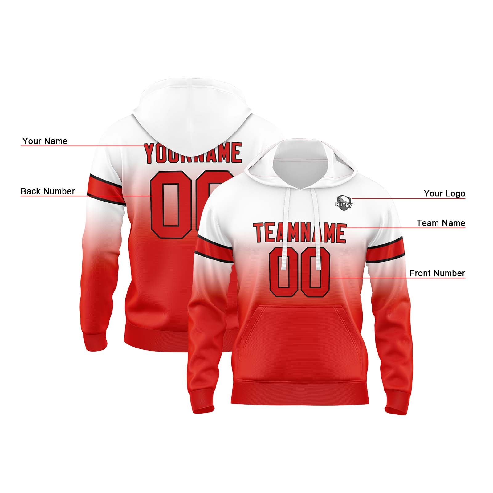 Custom Gradient Hoodie For Man Woman Girl Boy Print Your Logo Name Number White Red