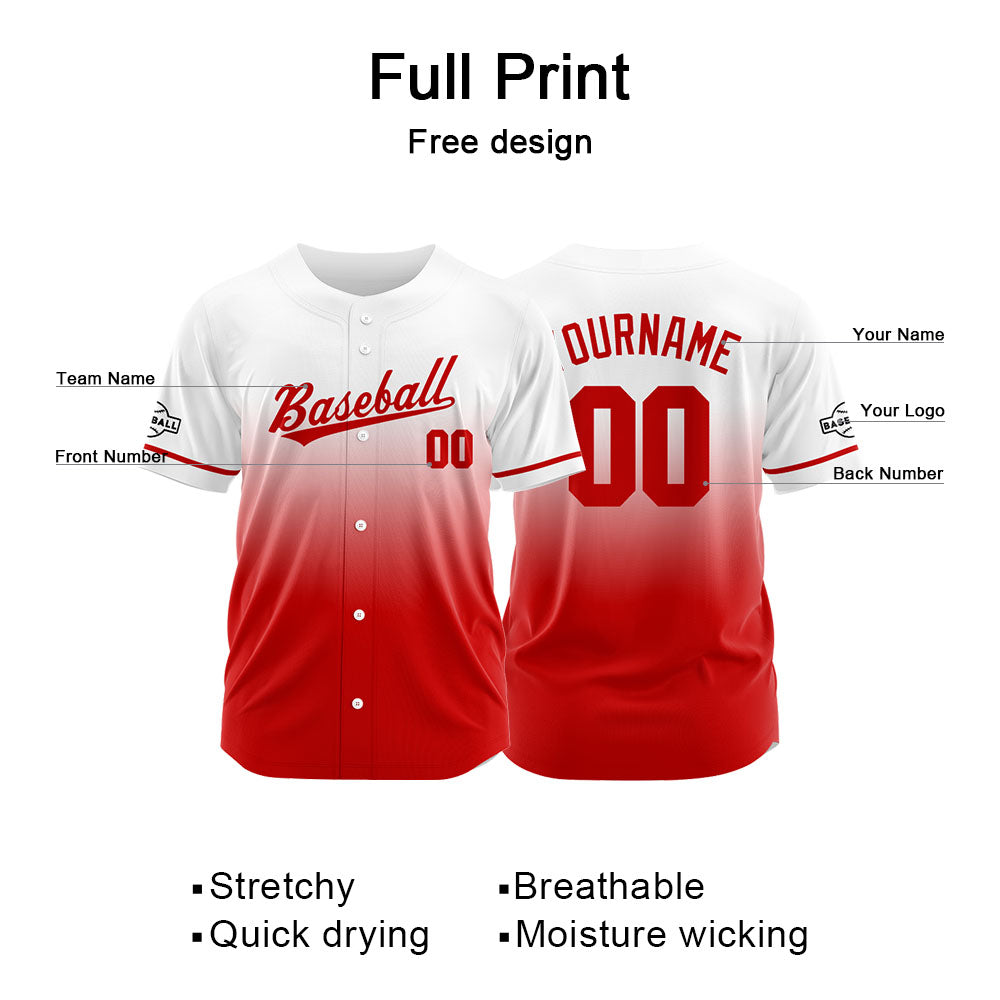 Custom Gradient Print Hip Hop Button Down Baseball Jersey Red&White