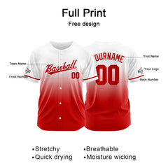 Custom Gradient Print Hip Hop Button Down Baseball Jersey Red&White