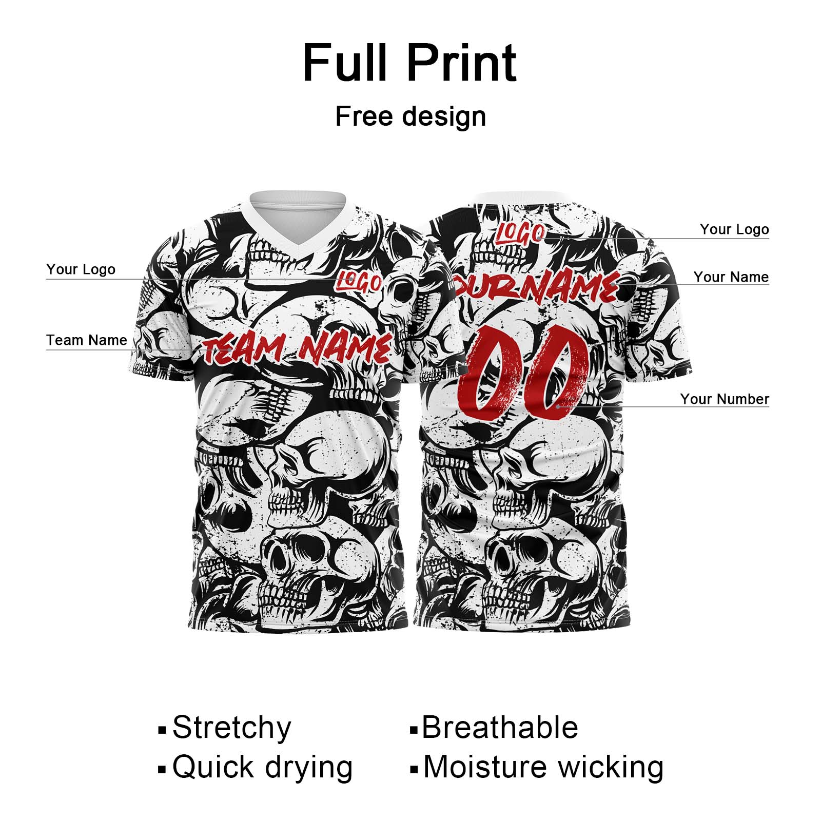 Custom Retro Skull-Black&White T-Shirts for Sports Fans, Personalized Name and Number