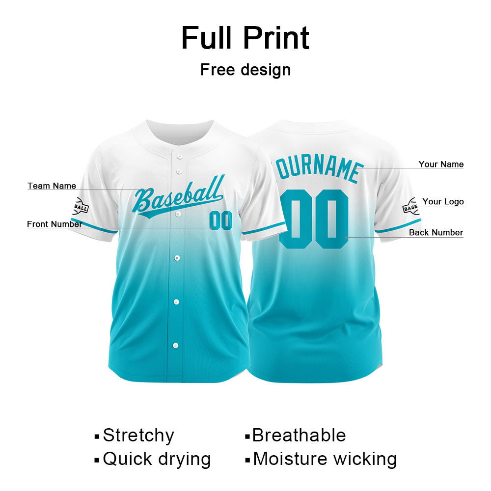 Custom Gradient Print Hip Hop Button Down Baseball Jersey Blue&White