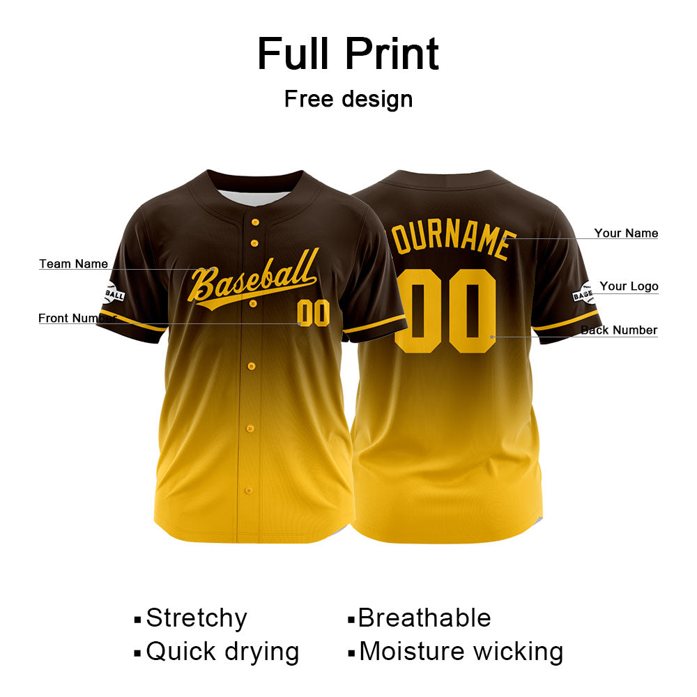 Custom Gradient Print Hip Hop Button Down Baseball Jersey Brown-Yellow