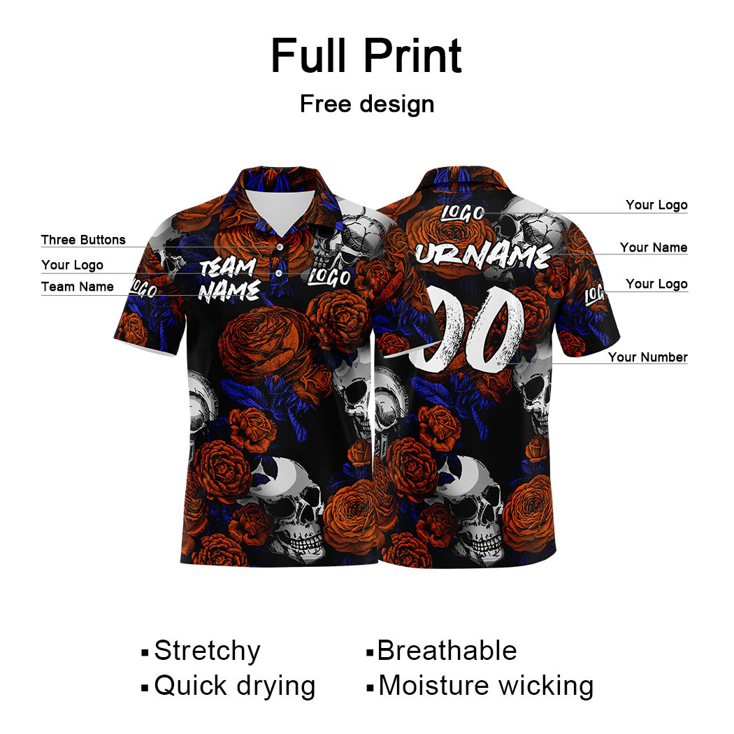 Custom Rose Skull-Orange Football Polo Shirts Add Your Unique Logo/Name/Number