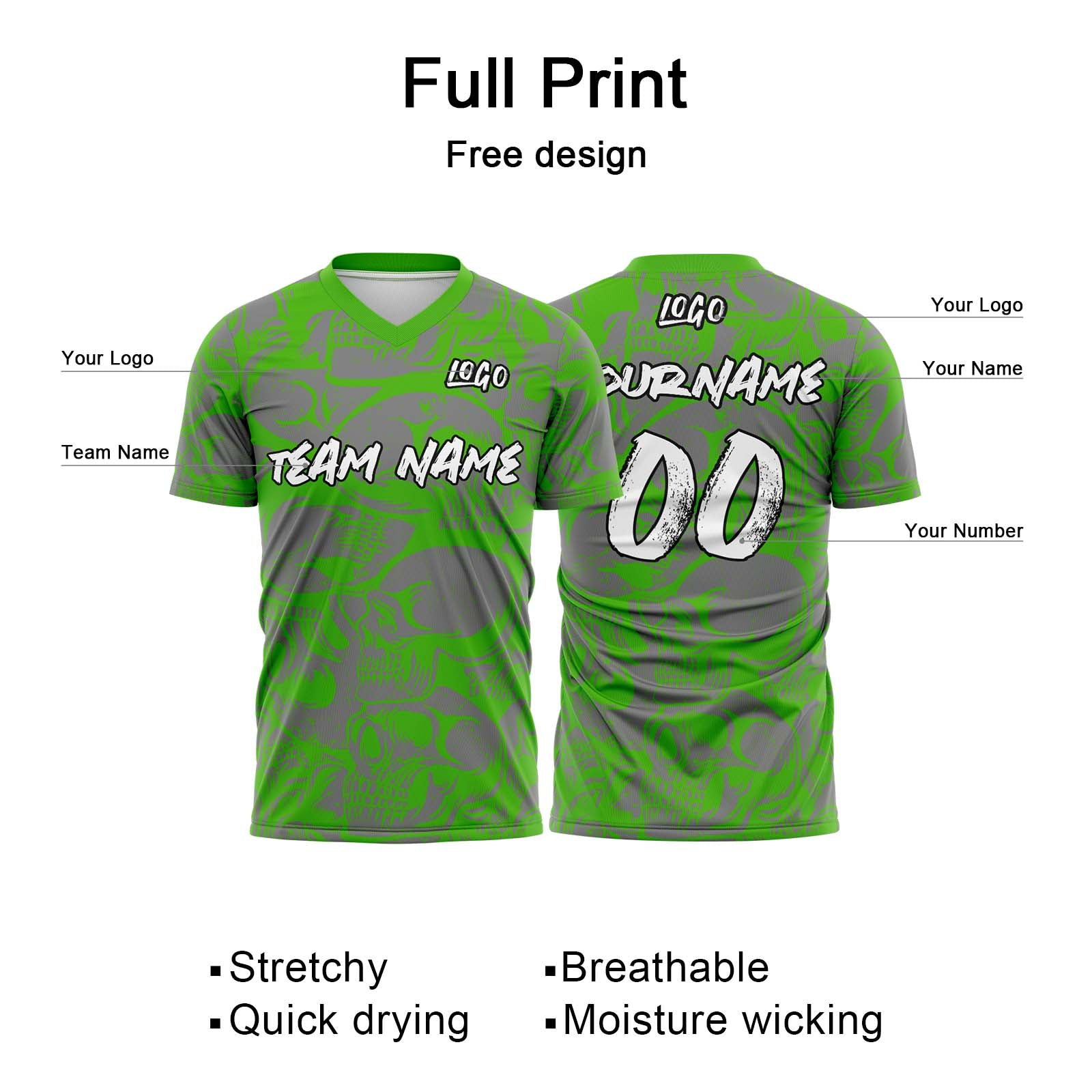 Custom Retro Skull-Green&Grey T-Shirts for Sports Fans, Personalized Name and Number