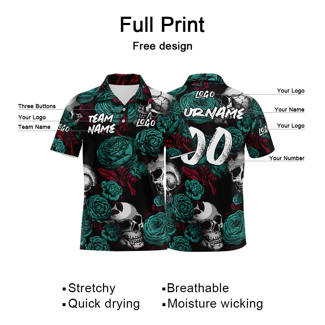 Custom Rose Skull-Green Football Polo Shirts Add Your Unique Logo/Name/Number