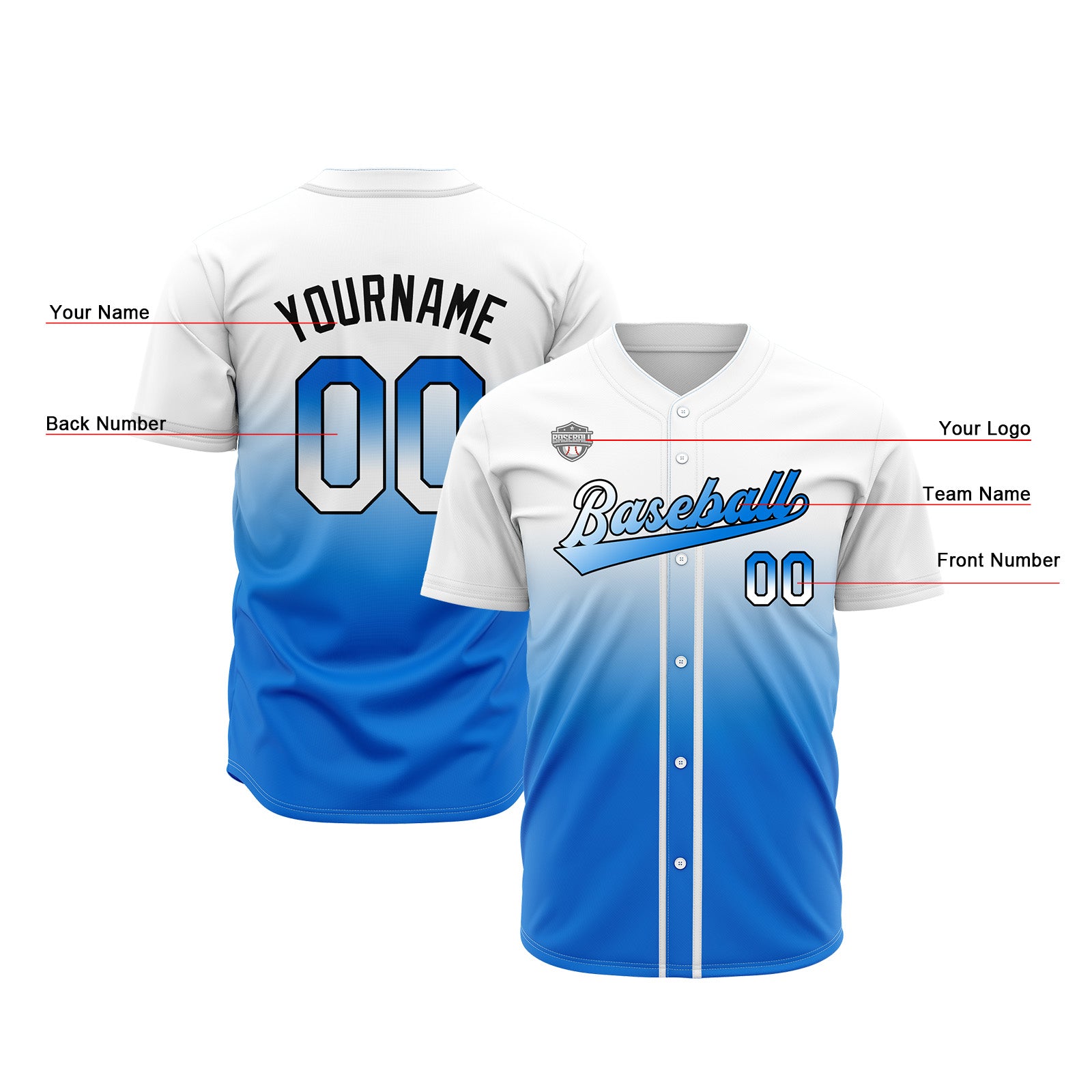 Custom Gradient Print Hip Hop Button Down Baseball Jersey White&Blue