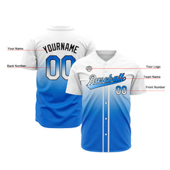 Custom Gradient Print Hip Hop Button Down Baseball Jersey White&Blue