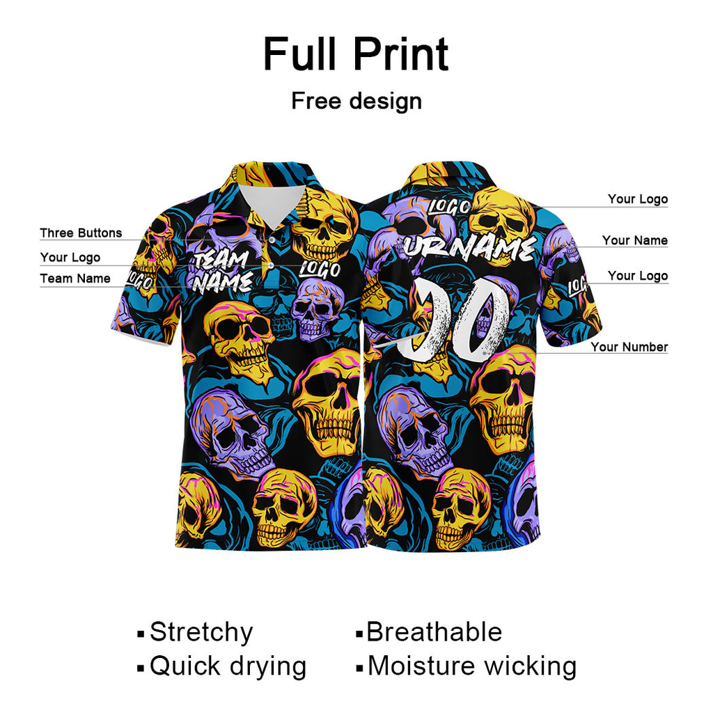 Custom Skull-Purple&Green Football Polo Shirts Add Your Unique Logo/Name/Number
