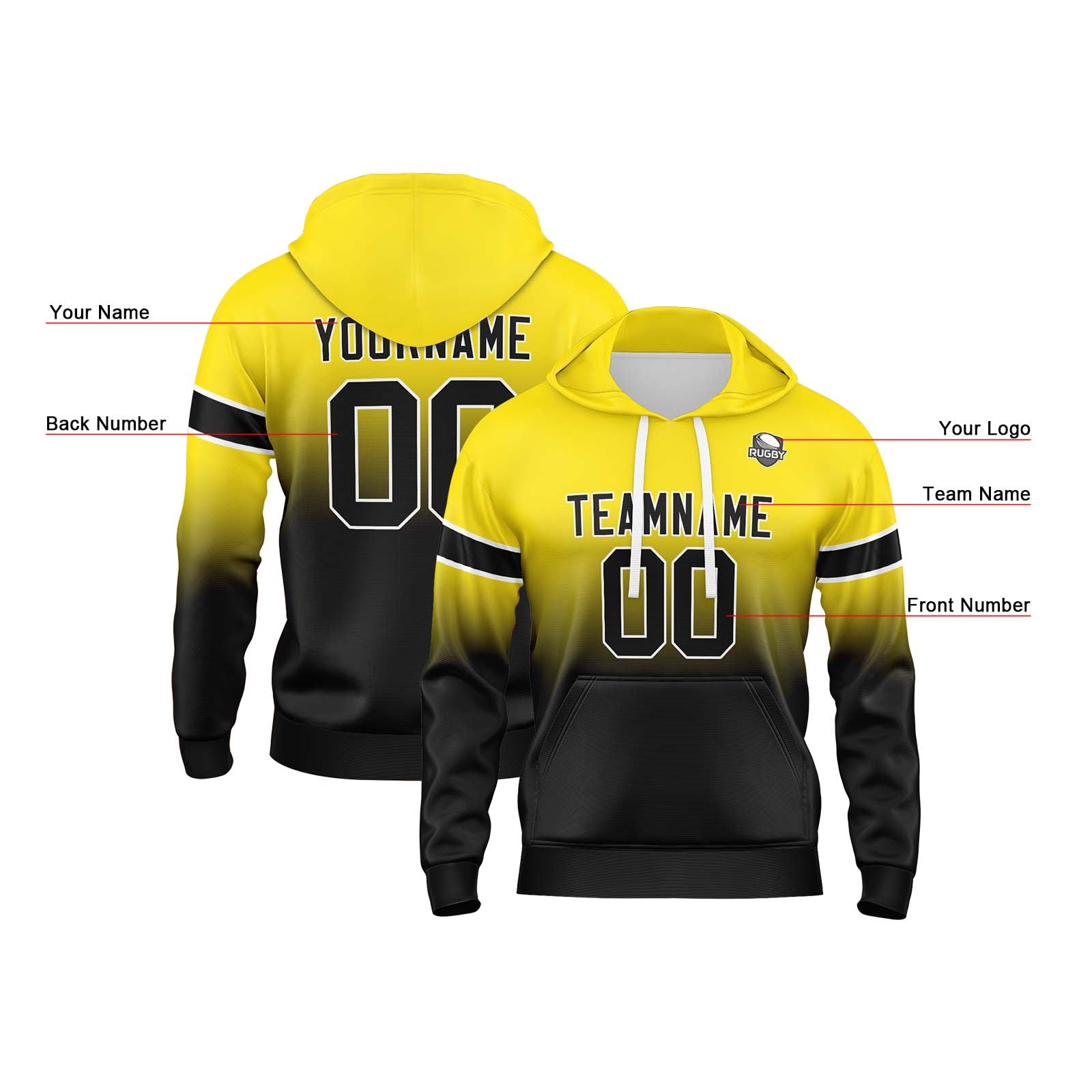 Custom Gradient Hoodie For Man Woman Girl Boy Print Your Logo Name Number Yellow Black