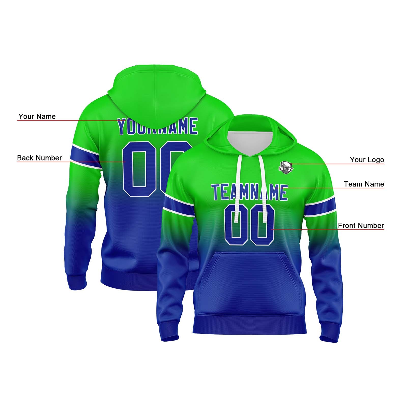 Custom Gradient Hoodie For Man Woman Girl Boy Print Your Logo Name Number Green Blue