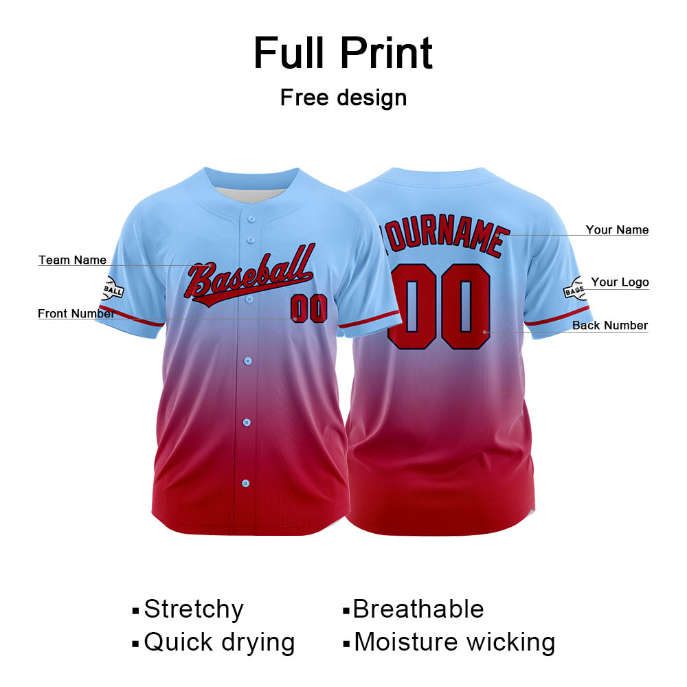 Custom Gradient Print Hip Hop Button Down Baseball Jersey Light Blue-Red