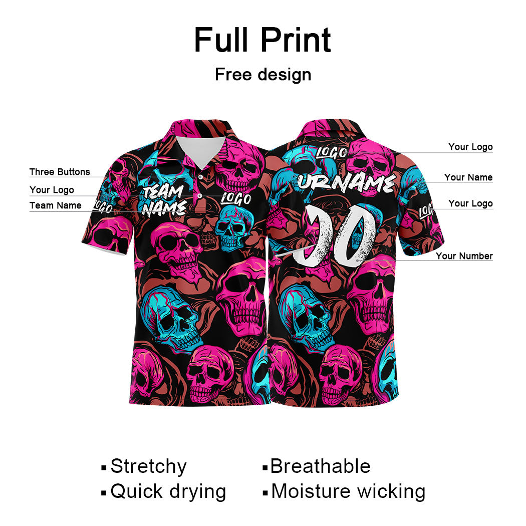 Custom Skull-Pink&Blue Football Polo Shirts Add Your Unique Logo/Name/Number