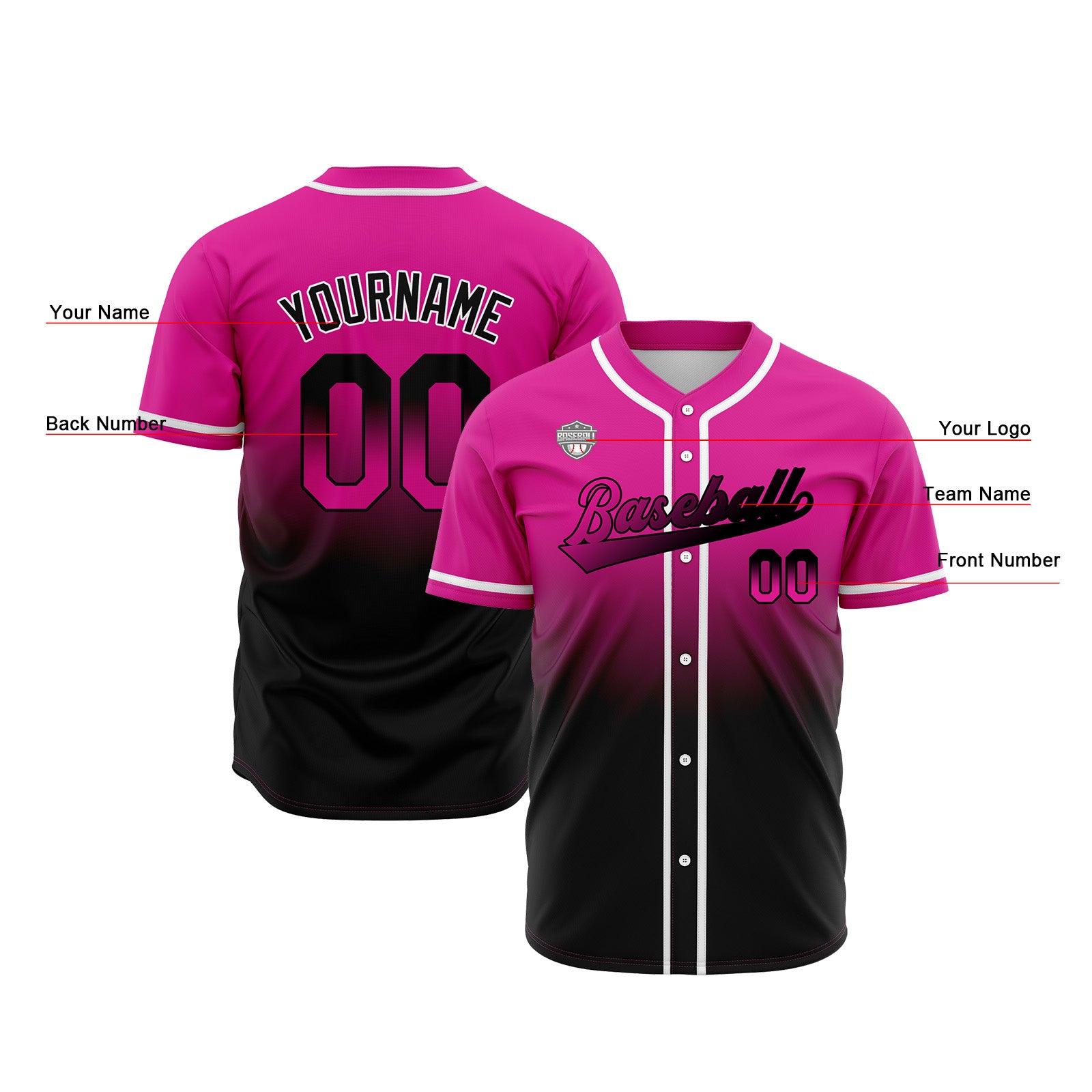 Custom Gradient Print Hip Hop Button Down Baseball Jersey Rose&Black