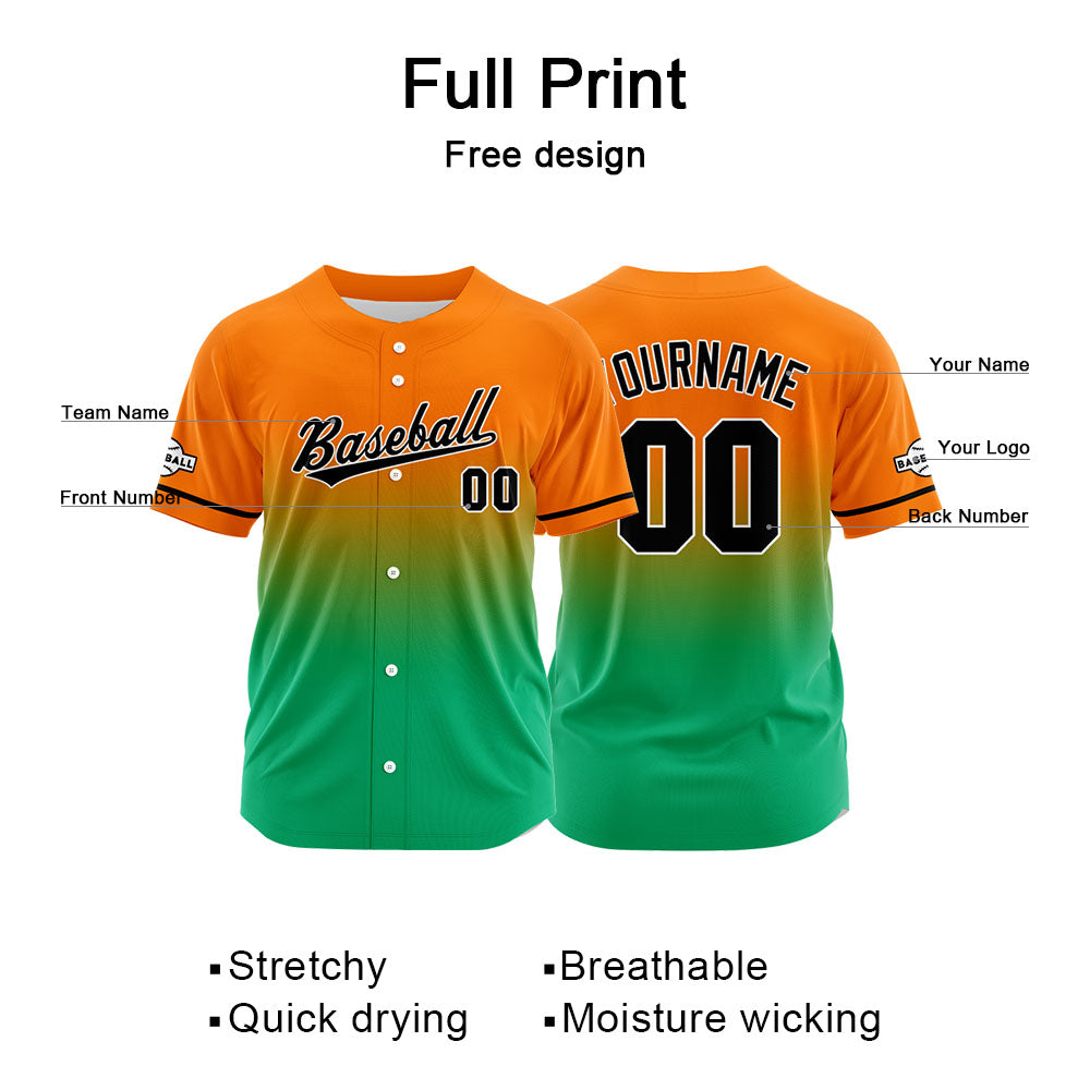 Custom Gradient Print Hip Hop Button Down Baseball Jersey Orange&Green