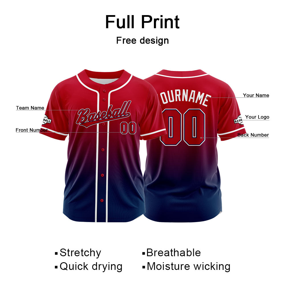 Custom Gradient Print Hip Hop Button Down Baseball Jersey Red-Navy-Red