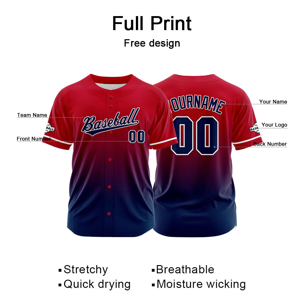 Custom Gradient Print Hip Hop Button Down Baseball Jersey Red-Navy-Navy