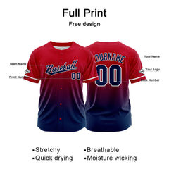 Custom Gradient Print Hip Hop Button Down Baseball Jersey Red-Navy-Navy