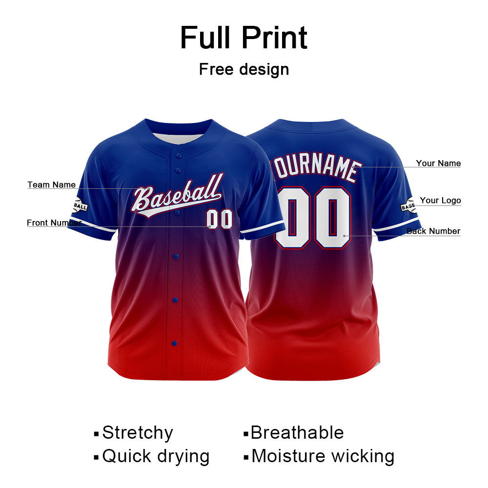 Custom Gradient Print Hip Hop Button Down Baseball Jersey Royal-Red-White