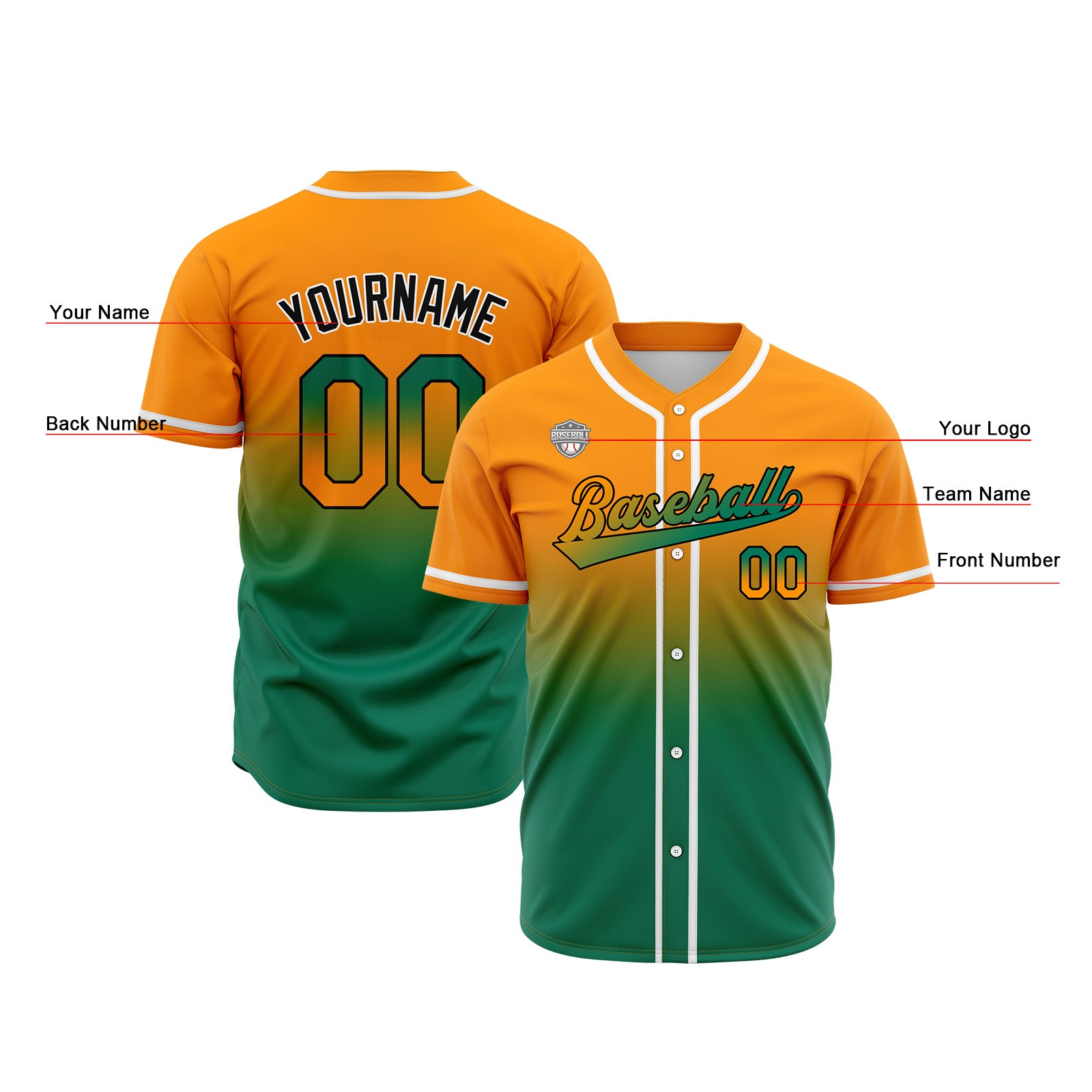 Custom Gradient Print Hip Hop Button Down Baseball Jersey Orange&Green