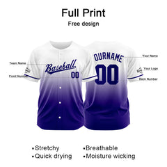 Custom Gradient Print Hip Hop Button Down Baseball Jersey Purple&White