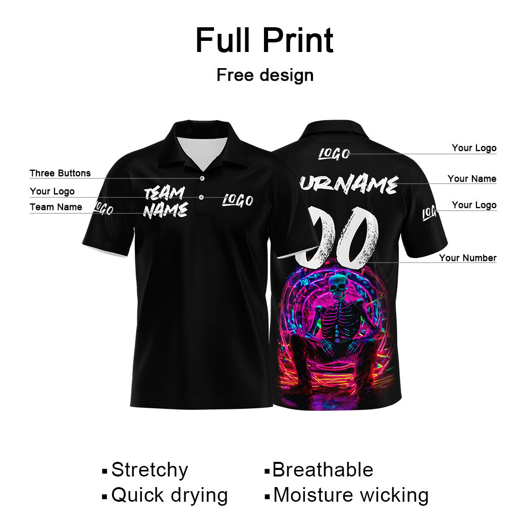 Custom Neon Skeleton-Black&Light Blue Football Polo Shirts Add Your Unique Logo/Name/Number