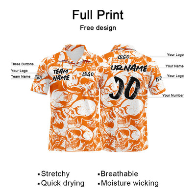 Custom Retro Skull-Orange&White Football Polo Shirts Add Your Unique Logo/Name/Number