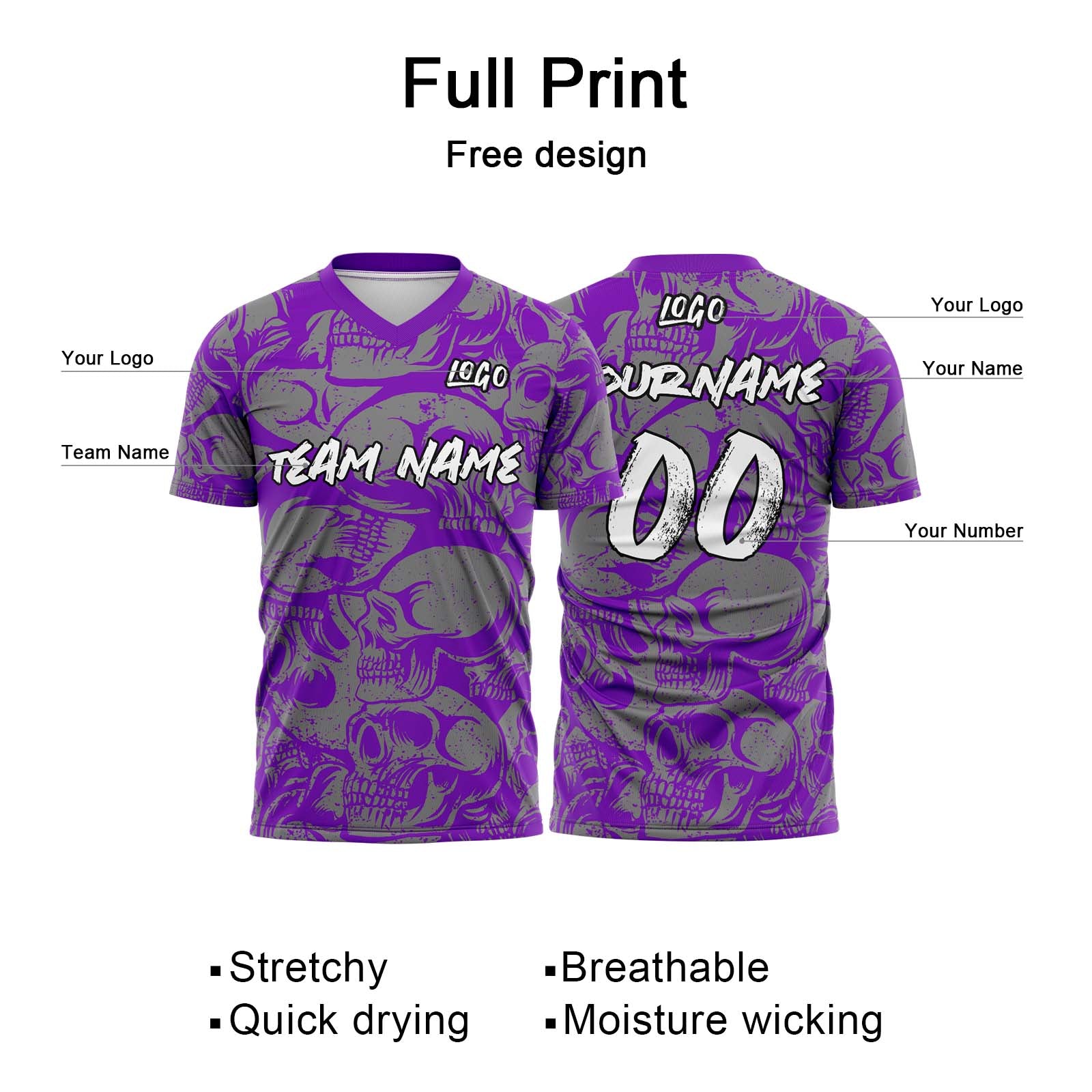 Custom Retro Skull-Purple&Grey T-Shirts for Sports Fans, Personalized Name and Number