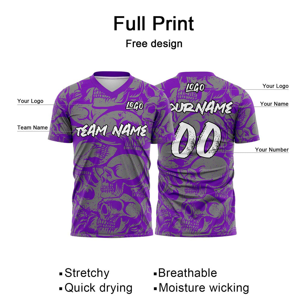 Custom Retro Skull-Purple&Grey T-Shirts for Sports Fans, Personalized Name and Number
