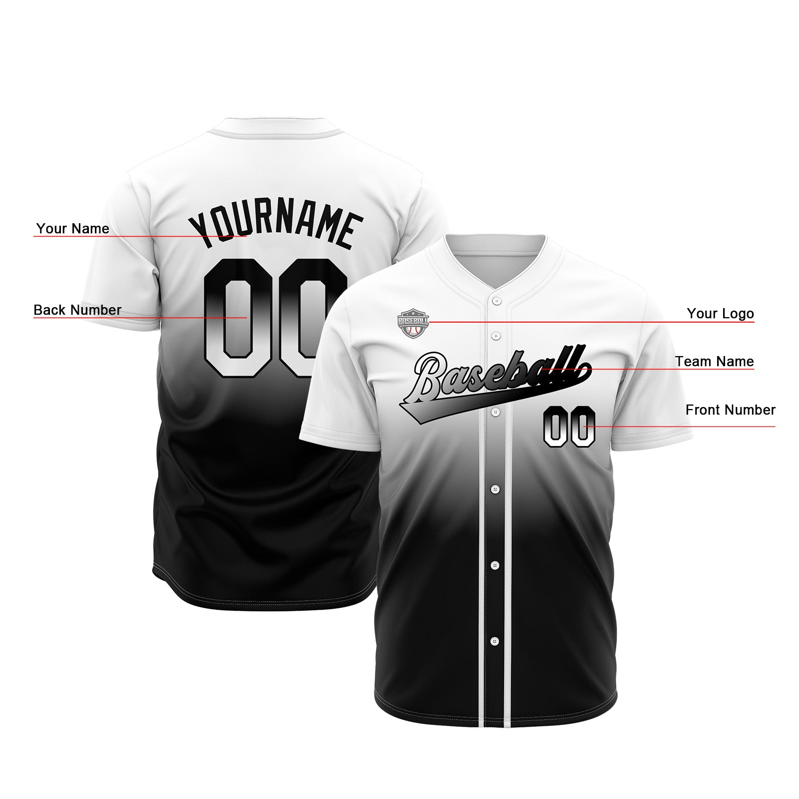 Custom Gradient Print Hip Hop Button Down Baseball Jersey White&Black