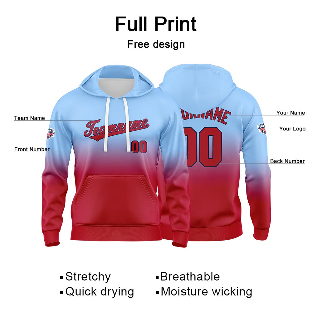 Custom Gradient Hoodie For Man Woman Girl Boy Print Your Logo Name Number Light Blue Red