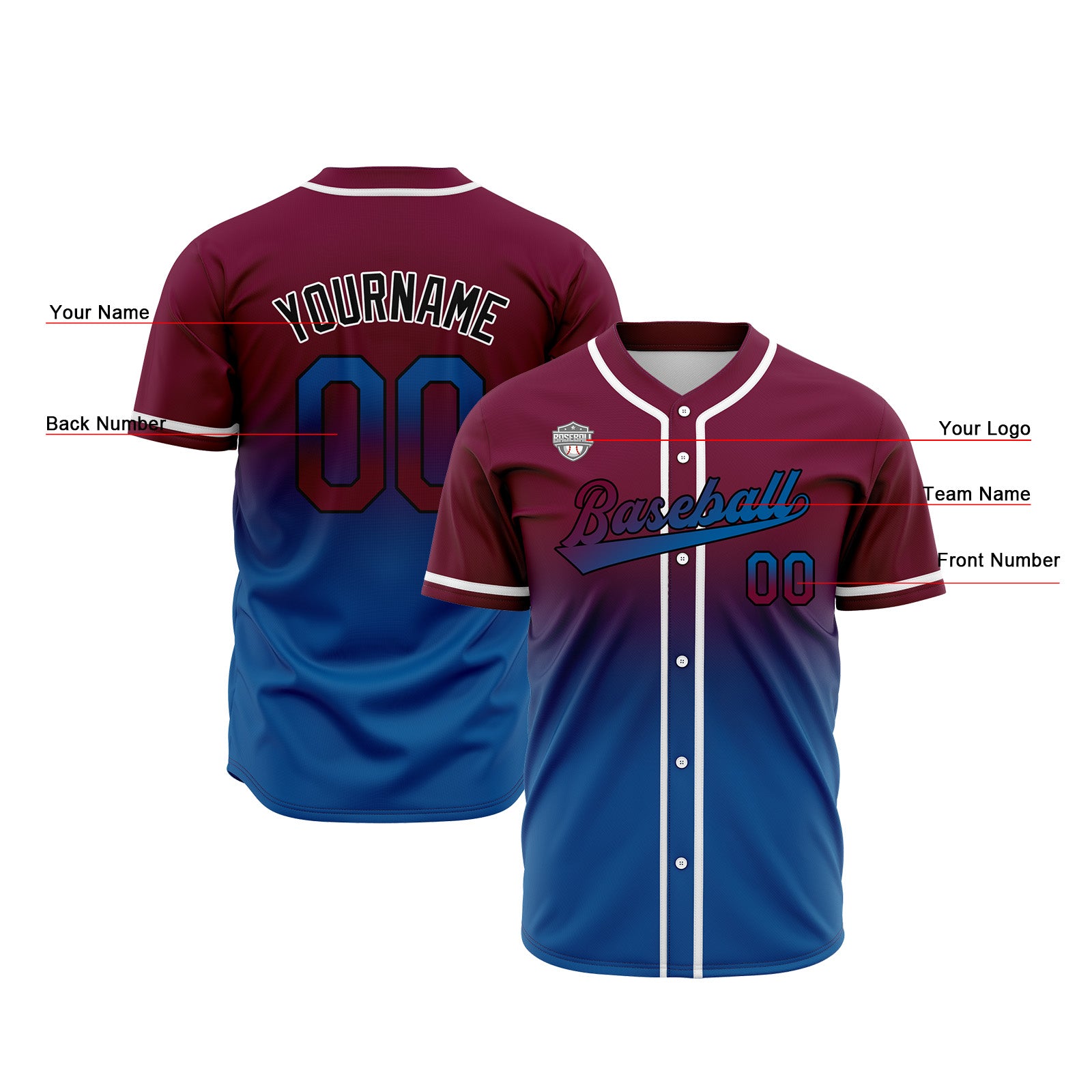 Custom Gradient Print Hip Hop Button Down Baseball Jersey Burgundy&Blue