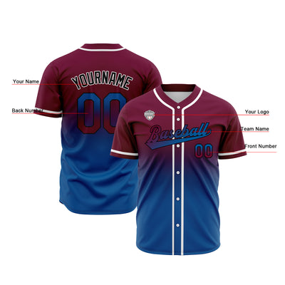 Custom Gradient Print Hip Hop Button Down Baseball Jersey Burgundy&Blue