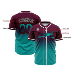 Custom Gradient Print Hip Hop Button Down Baseball Jersey Burgundy&Teal