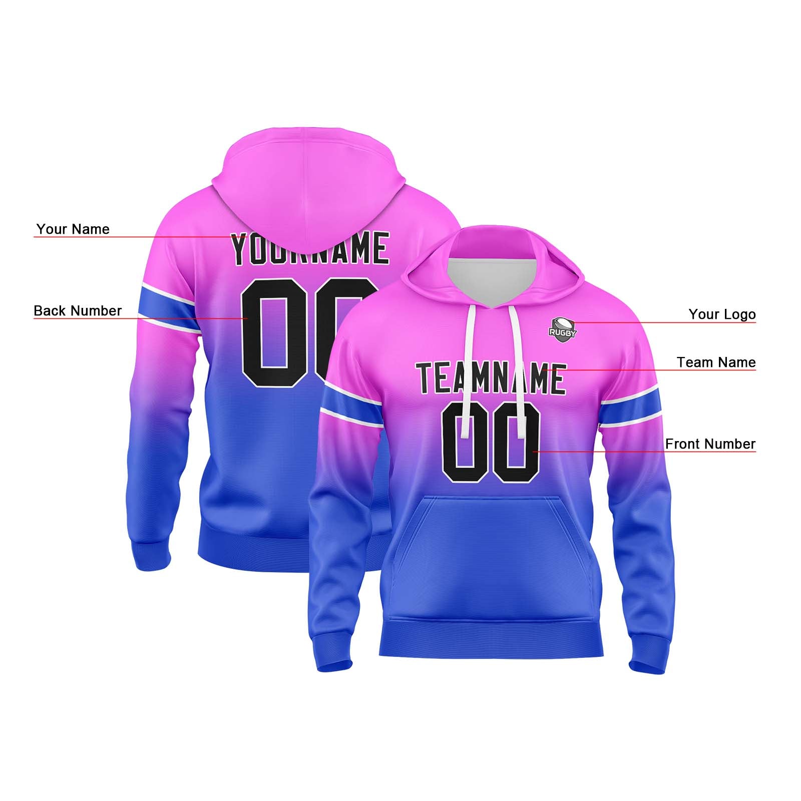 Custom Gradient Hoodie For Man Woman Girl Boy Print Your Logo Name Number Pink Blue