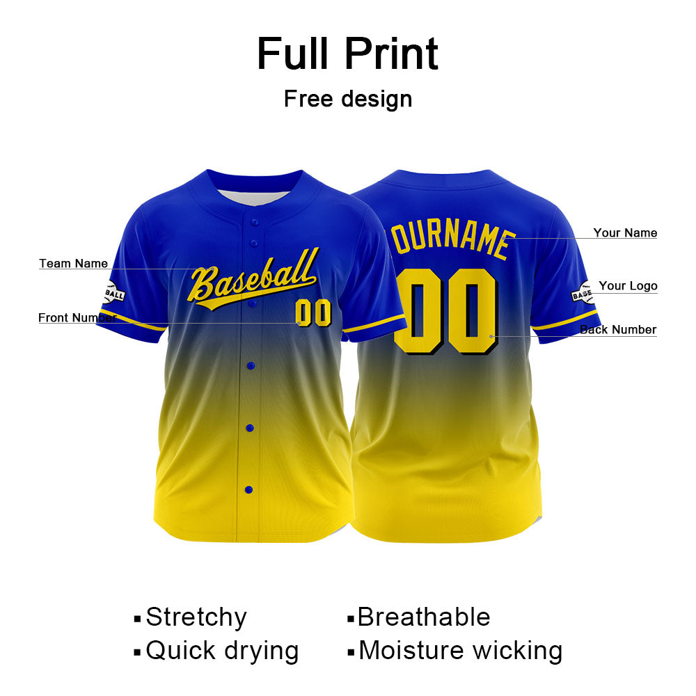 Custom Gradient Print Hip Hop Button Down Baseball Jersey Royal-Yellow