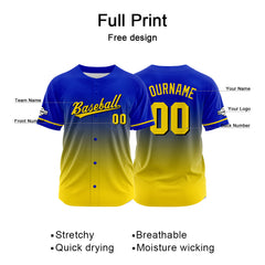 Custom Gradient Print Hip Hop Button Down Baseball Jersey Royal-Yellow