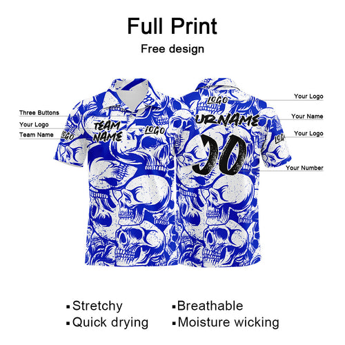 Custom Retro Skull-Royal&White Football Polo Shirts Add Your Unique Logo/Name/Number