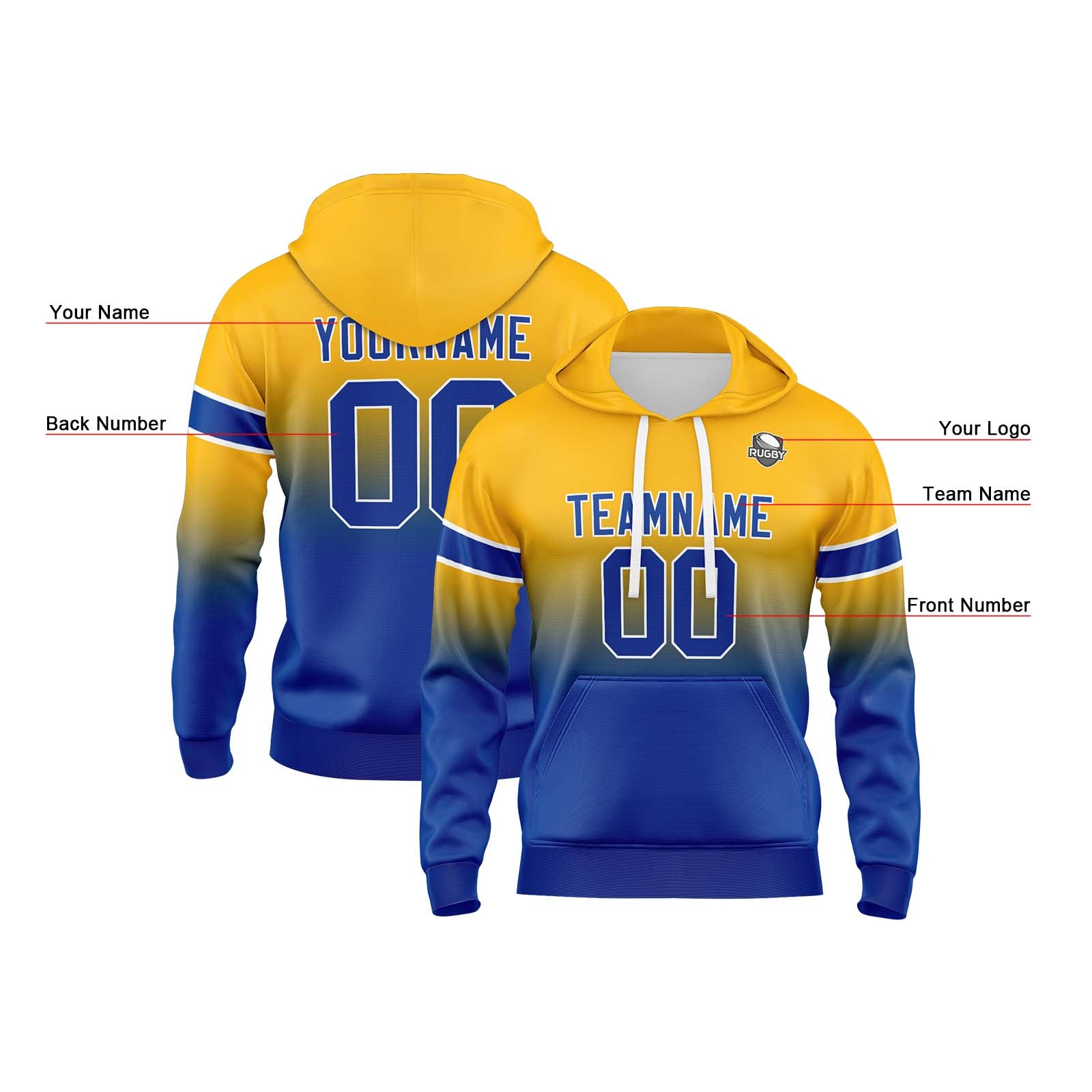 Custom Gradient Hoodie For Man Woman Girl Boy Print Your Logo Name Number Yellow Blue