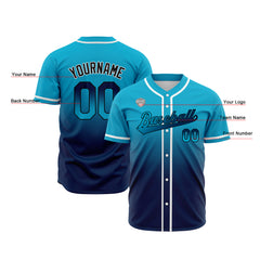 Custom Gradient Print Hip Hop Button Down Baseball Jersey Aqua&Dark Blue