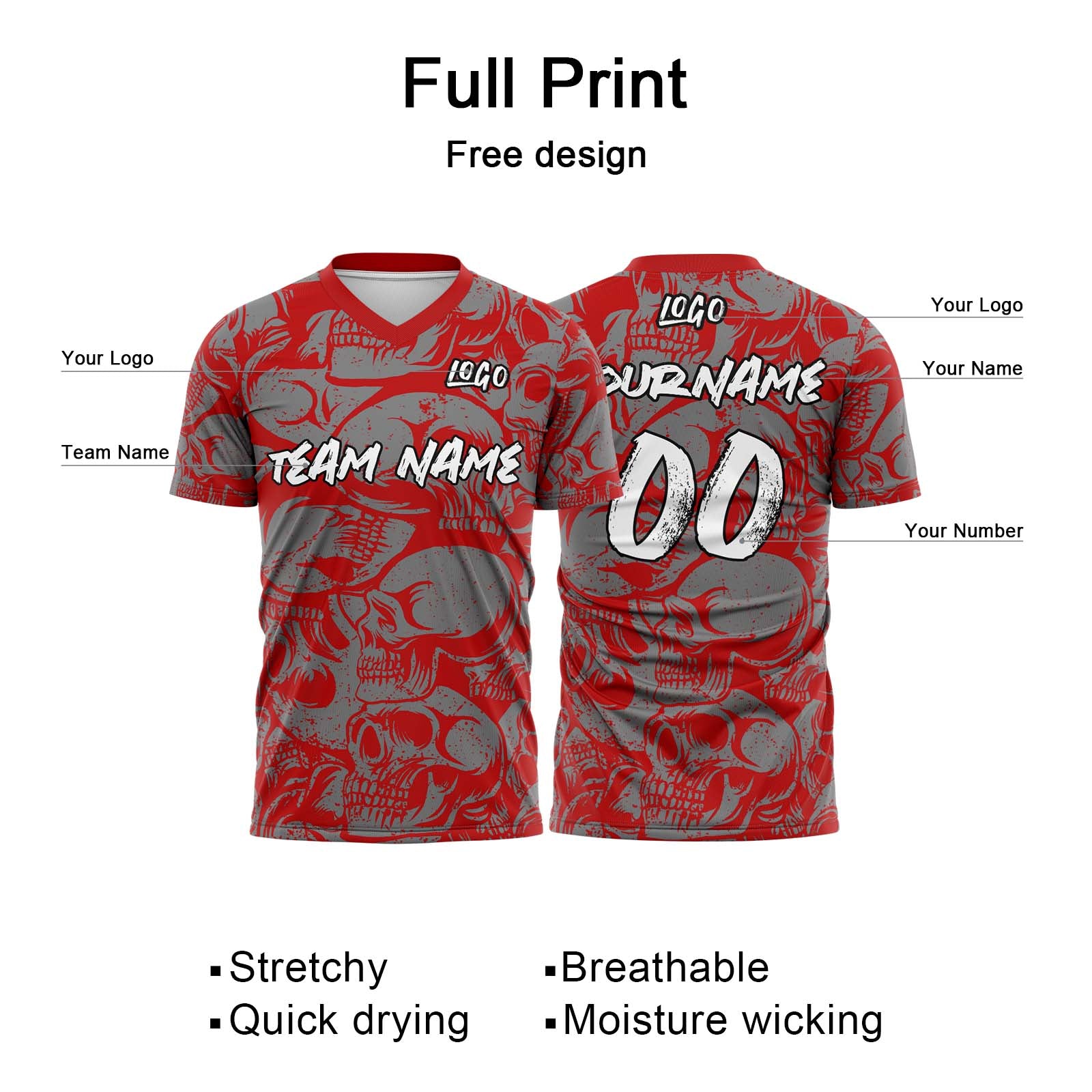 Custom Retro Skull-Red&Grey T-Shirts for Sports Fans, Personalized Name and Number
